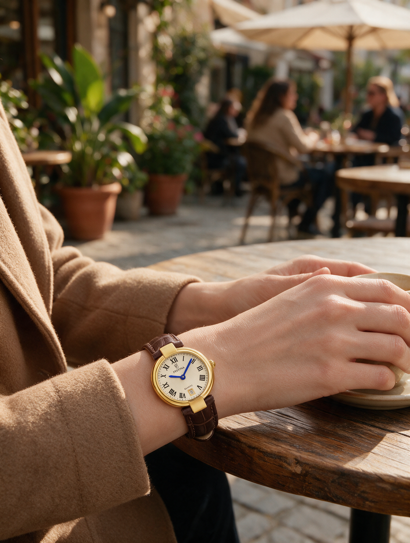 Festina Mademoiselle F20783/2 — Ladies' Gold Dial, Brown Leather Strap, 26 mm