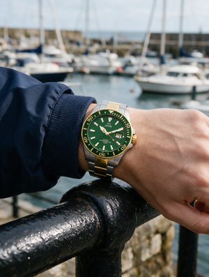 Jaguar Executive Diver J863/B worn on the wrist at a harbour