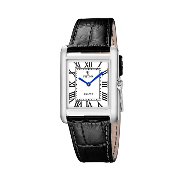 Festina watch, white dial, black leather strap